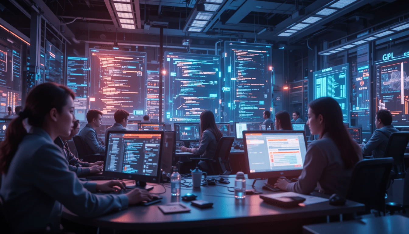 Developers collaborating on GPL software with holographic code displays in a futuristic workspace.